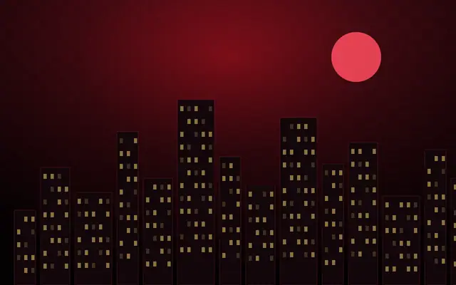 A city skyline at night